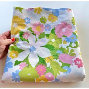 Vintage 70s flat/top sheet, orange, blue pink and white flowers, full size bed